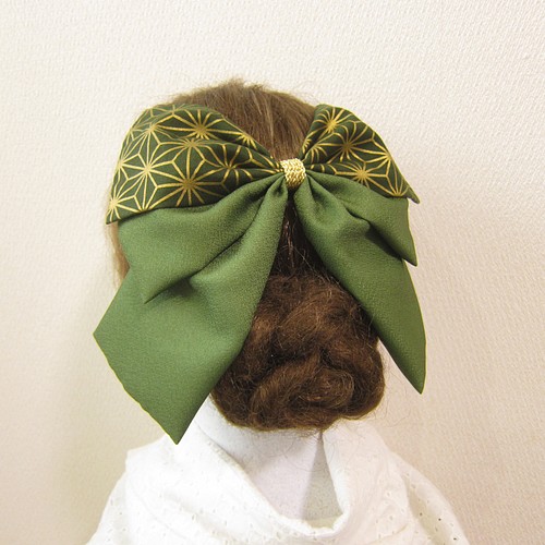 髪飾りリボン✿麻の葉・緑 袴 着物 振袖 浴衣 はいからさん 卒業式 