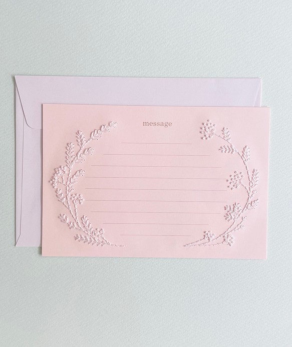 ナチュラルリース（ピンク）刺繍メッセージカード 　お礼状　結婚祝い　サンクスレター　ウエディング　就職祝い　成人祝 1枚目の画像