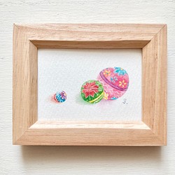 「手毬ころころ」水彩画イラストミニ額　お正月　正月飾り　和室 1枚目の画像