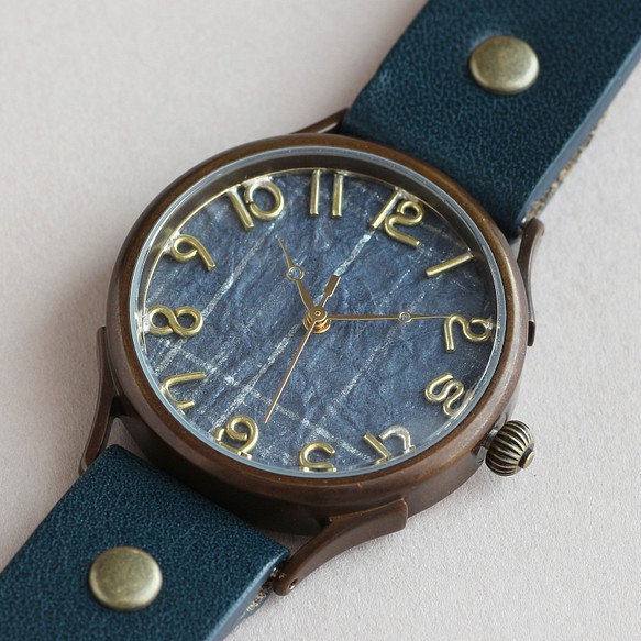 金銀錶盤藏青色WJ-008 L尺寸MADE IN JAPAN手工手錶chi木皮革 第1張的照片
