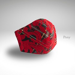 PSNY 赤い薔薇の起毛刺繍がタータンチェックに浮かぶ レッド フィルター入り シルク選択可  ますく マスク TC03 1枚目の画像