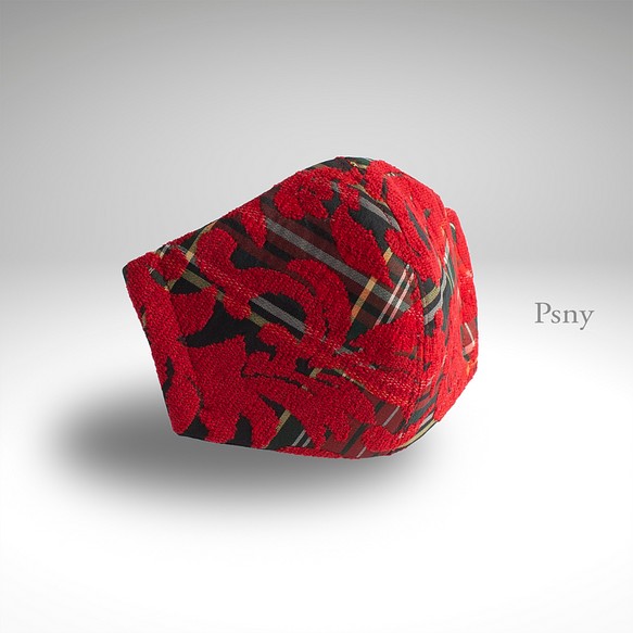 PSNY 赤い薔薇の起毛刺繍がタータンチェックに浮かぶ レッド フィルター入り シルク選択可  ますく マスク TC03 1枚目の画像