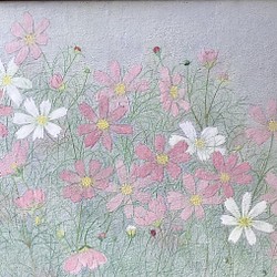 花　絵　植物画　癒し　優しい　インテリア　額入り　日本画　『 コスモス 』秋 1枚目の画像