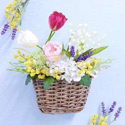 再販×４☆母の日＊ 春色の華やかなナチュラルフラワーバスケット・リース ＊ 1枚目の画像
