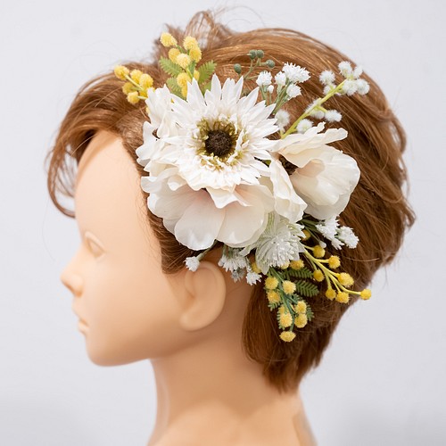 ショートヘアーやベリーショートの花嫁様に ドライフラワー風ミモザのヘッドドレスh ボンネ風ヘッドパーツ 春の結婚式に ヘッドドレス ウェディング Loufreasy Wedding 通販 Creema クリーマ ハンドメイド 手作り クラフト作品の販売サイト