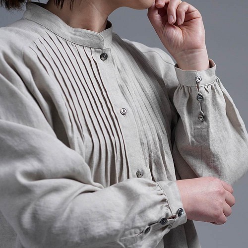 wafu】【受注製作】Linen Top ピンタックブラウス スタンドカラー