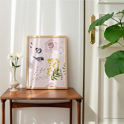 春の北欧ポスター  / i0548 /  ミモザと桜と小鳥　インテリアポスター 1枚目の画像