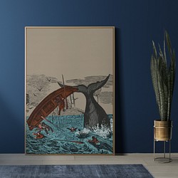 【NO.73】鯨と船が転覆して慌てる人たちのヴィンテージアートポスター☆海個性的ハガキ2L判A5A4A3A2A1B5B4 1枚目の画像