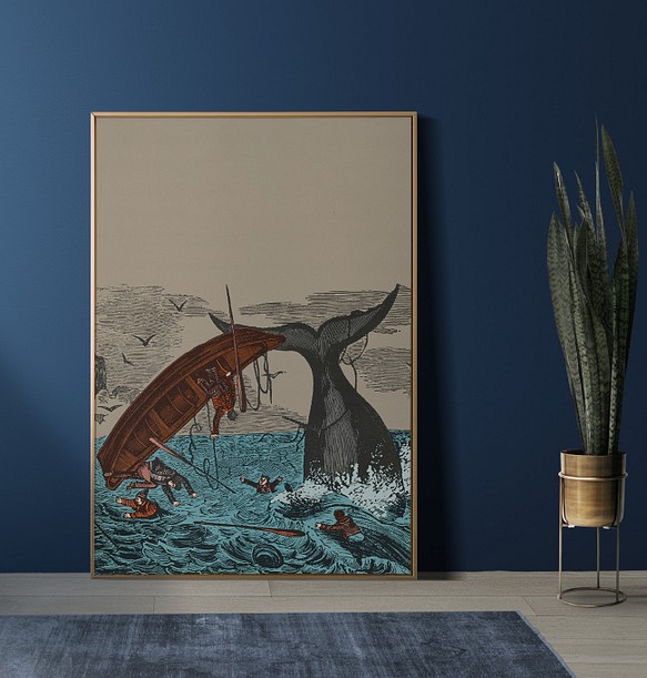 【NO.73】鯨と船が転覆して慌てる人たちのヴィンテージアートポスター☆海個性的ハガキ2L判A5A4A3A2A1B5B4 1枚目の画像