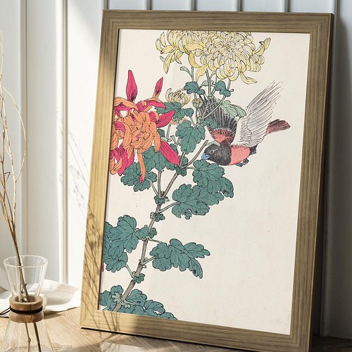 NO.188】菊の花と鳥アートポスター☆浮世絵日本画和室インテリア 