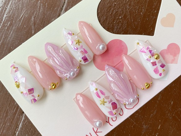 夏ネイル ピンク マーメイド ネイルチップ シェル 貝殻 ネイルチップ ネイルシール Smiley Nail 通販 Creema クリーマ ハンドメイド 手作り クラフト作品の販売サイト