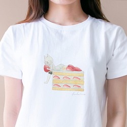 ショートケーキとネコぱんのTシャツ ホワイト 白 レディースMサイズ【短期発送】 1枚目の画像