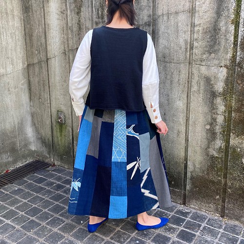 着物リメイク 絣 型染 古布４段ティアードジスカートスカート - ロング