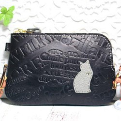 L字ファスナー財布（ブラック英字・グレー猫・きん運安定・福財布） 1枚目の画像