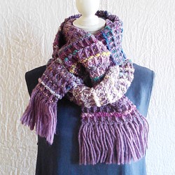 【SALE】アートヤーンのワッフル織りマフラー　手紡ぎ　手織り（品番125） 1枚目の画像
