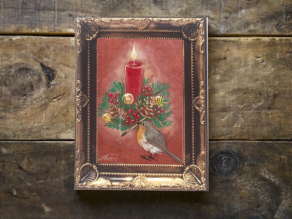 原画　クリスマスの小さい日本画　キャンドルとコマドリ 1枚目の画像