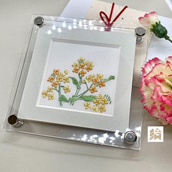 菜の花　刺繍フレーム　絹糸と金糸の日本刺繡　壁飾り　インテリア 1枚目の画像