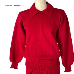 【ウール１００％】ニットポロ / ニットポロシャツ（赤）/ １点物 / ニットウェア (No.168) 1枚目の画像