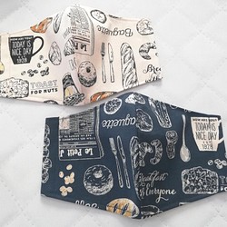 【カフェ柄】オシャレな珈琲・パン柄の立体マスク　喫茶店　コーヒー　パン屋さん　生成り・青　手作りマスク 1枚目の画像