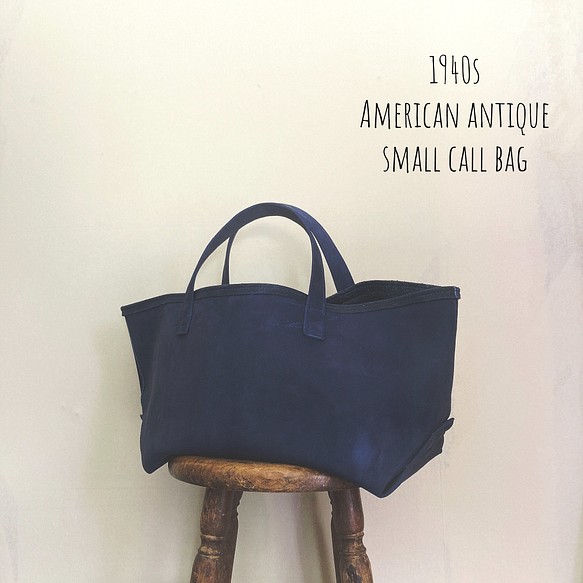 1940s アメリカ アンティーク スモール コールバッグ レザーバッグ トートバッグ ヌバック ネイビー 1枚目の画像