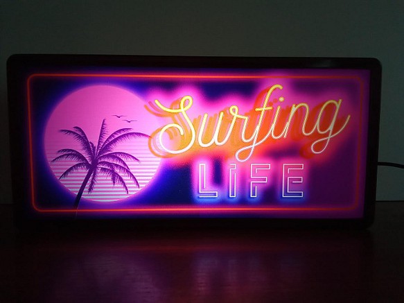 アメリカン サーフィン ライフ ヤシの木 ハワイ カフェ ビーチ サイン 看板 置物 雑貨 LED2wayライトBOX 1枚目の画像