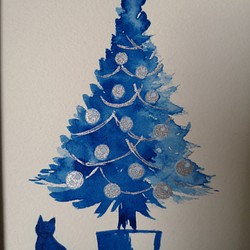 水彩原画「クリスマスツリーと佇むネコ」オリジナルアート　イラストフレーム2Ｌ　 1枚目の画像