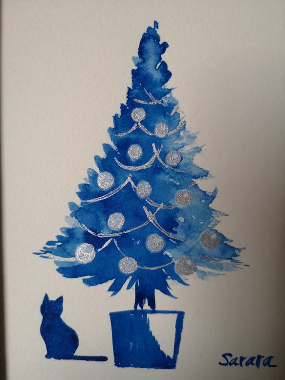 水彩原画「クリスマスツリーと佇むネコ」オリジナルアート　イラストフレーム2Ｌ　 1枚目の画像