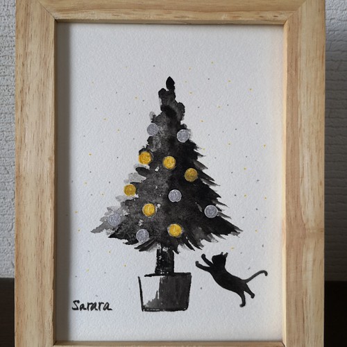 水彩原画「クリスマスツリーと飛ぶネコ」オリジナルアート イラスト 