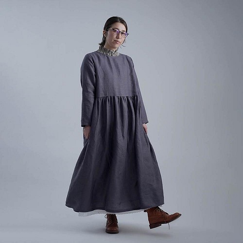 wafu お試し品】Linen Dress 雅亜麻 ドレス ワンピース/墨色(すみいろ