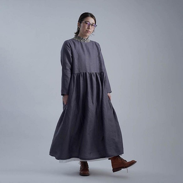 [Wafu 試製品] Linen Dress Masa 亞麻連衣裙連衣裙/sumiiro a022b-smi1 第1張的照片
