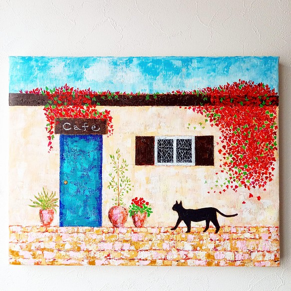 油絵　お散歩猫とカフェ 1枚目の画像