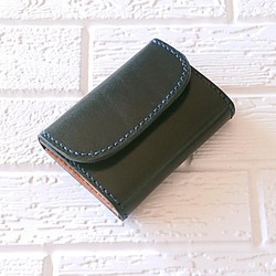 手縫いの革財布［イタリアンレザー］黒×キャメル キャッシュレス 1枚目の画像