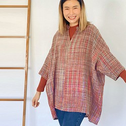 SALE☆彡手織り綿ゆったりサイズのスキッパーチュニックブラウス、オレンジミックス 1枚目の画像
