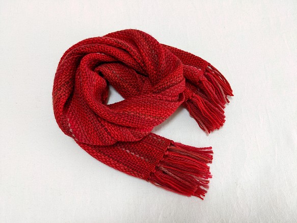 紅葉色の手織りウールマフラー　160cm 1枚目の画像