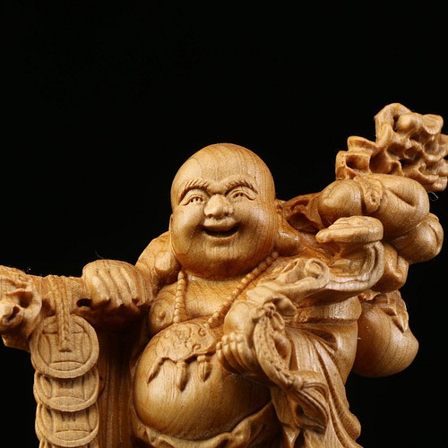 極上品 布袋様 七福神 一刀彫り 木彫仏像 仏教工芸品 彫刻 大波彫刻 