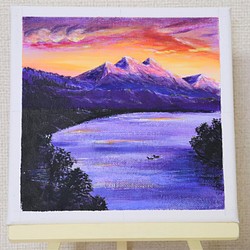 原画★夕焼けと湖★アクリル画･キャンバス 紫色の湖 夕焼け空 つがいの白鳥 大きな自然 1枚目の画像