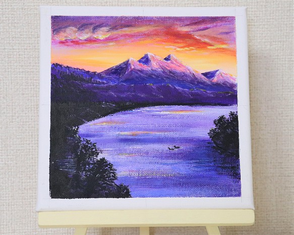 原画★夕焼けと湖★アクリル画･キャンバス 紫色の湖 夕焼け空 つがいの白鳥 大きな自然 1枚目の画像