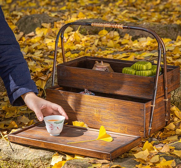 竹編籠 提籃籠 茶器収納ケース 茶道整理箱 かごバッグ 杏子の手作り