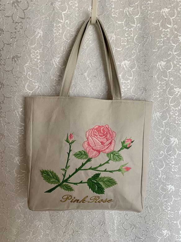 サーモンピンクの薔薇刺繍のマチ付き小さめトートバッグ トートバッグ