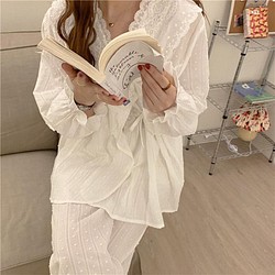 韓国ファッション　ドットレースパジャマ　ホワイト  -9046 1枚目の画像