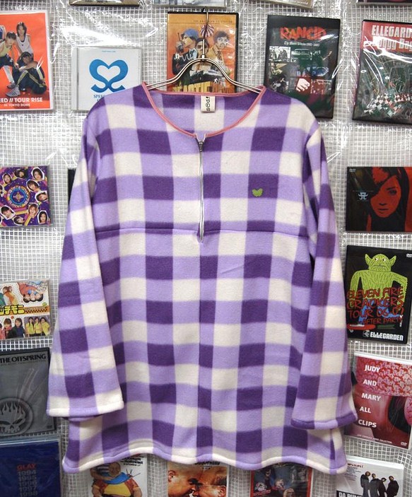抓絨格紋半拉鍊套頭衫：紫色 第1張的照片