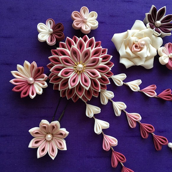 限定版 つまみ細工 ピンクの大輪菊と小花の髪飾り 七五三 ヘアピン