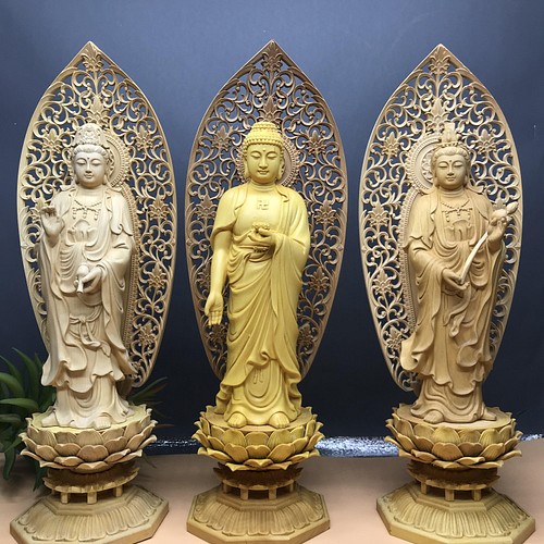 注目ブランド 極上品 西方三聖 木彫仏像 勢至菩薩 観音菩薩 仏教工芸品 