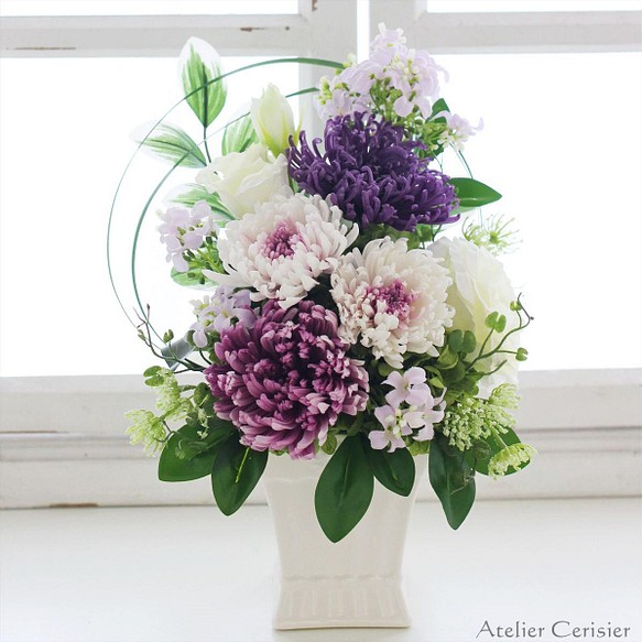 輪菊の仏花（エテルネル 白紫） Mサイズ お供え花 プリザーブド