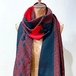 スカーフNo.300*詠蝶*設計師手作日本古董布紅黑撞色麻葉紋蕾絲蝴蝶圍巾 披肩 第1張的照片