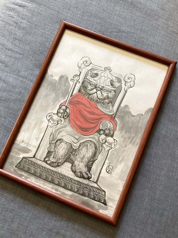 水墨画 猫のタロットカード 原画 No.04 皇帝（The Emperor）