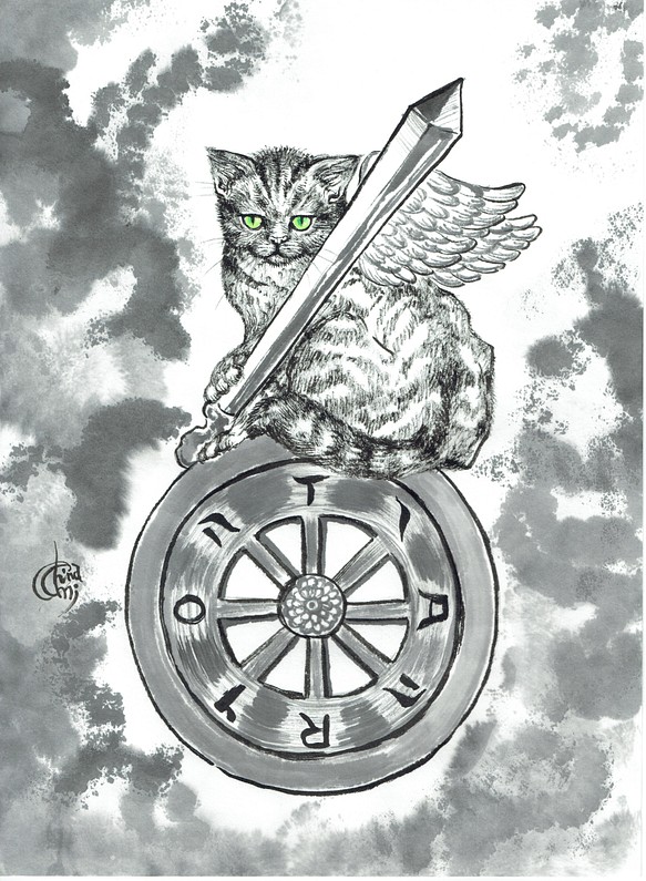 ランキング１位受賞 水墨画 猫のタロットカード 原画 No 10 運命の輪 Wheel Of Fortune プレゼント対象商品