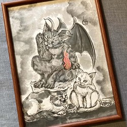 水墨画 猫のタロットカード 原画 / No.15 悪魔（The Devil） 絵画