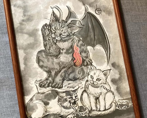 水墨画 猫のタロットカード 原画 / No.15 悪魔（The Devil） 絵画