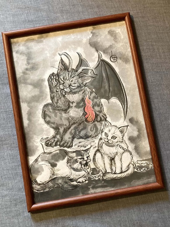 水墨画 猫のタロットカード 原画 / No.15 悪魔（The Devil） 絵画